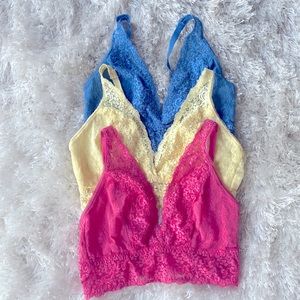 Soma Lace Plunge Bralettes (M) in blue, pink and yellow
